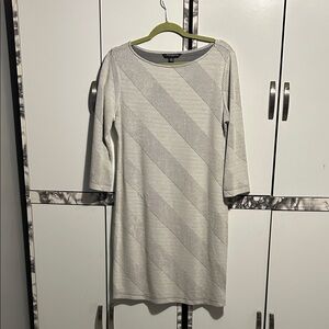 Sharagano Light Gray and Hint of Black Striped Long Sleeve Dress